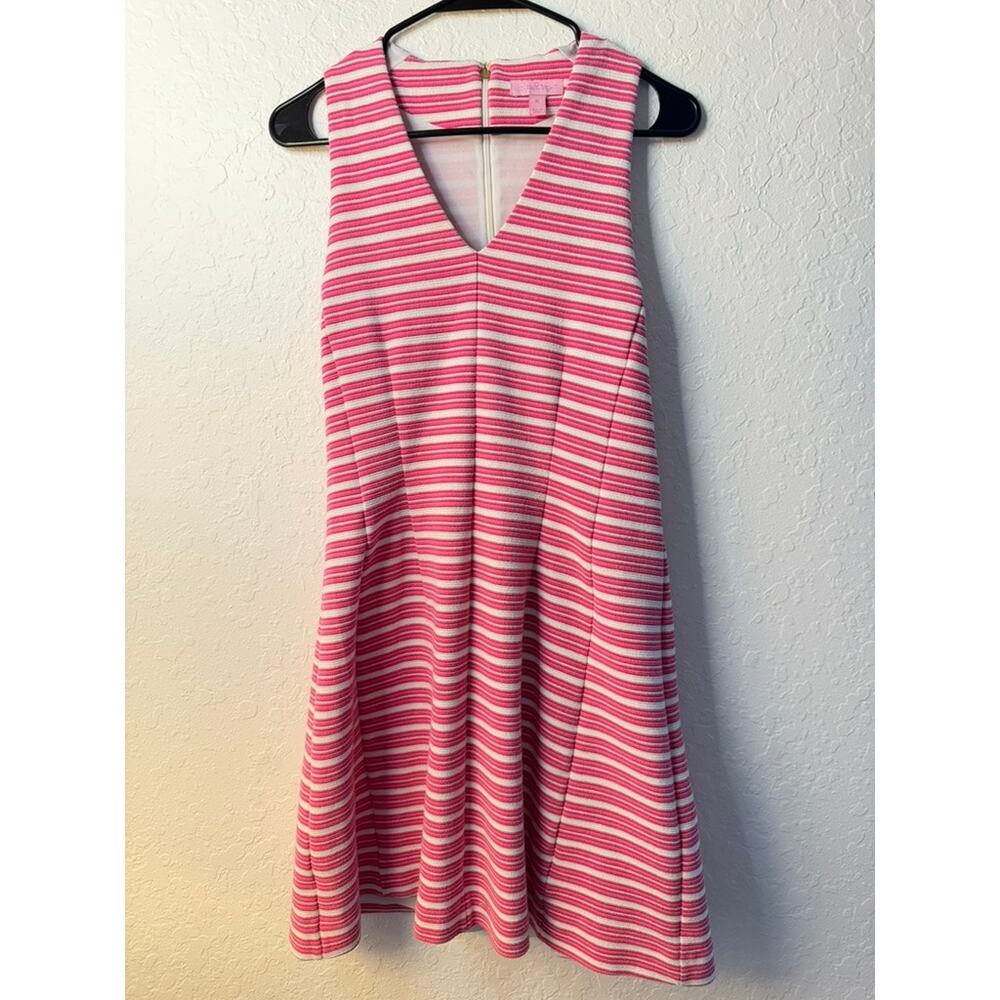 Lilly Pulitzer Pink White Stripe Knit Fit & Flare V-Neck Dress Size Medium